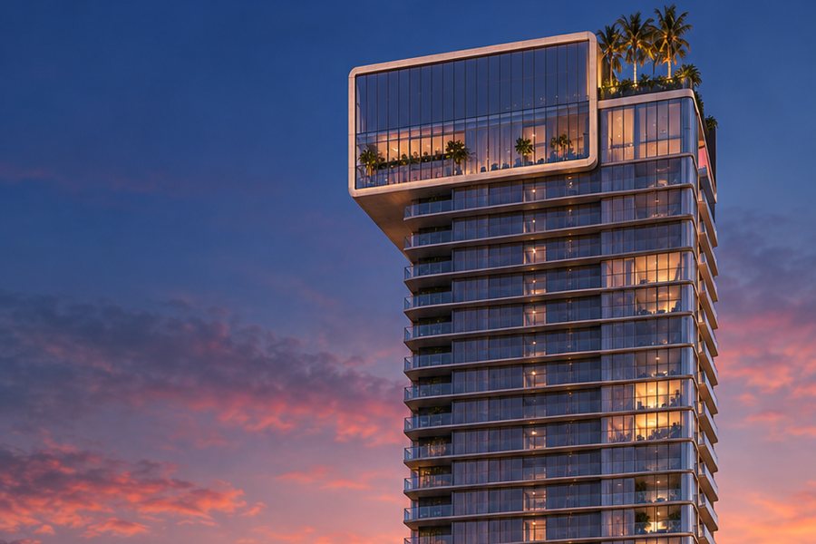 Concept illustration of a glass residential tower with a rooftop garden at sunset