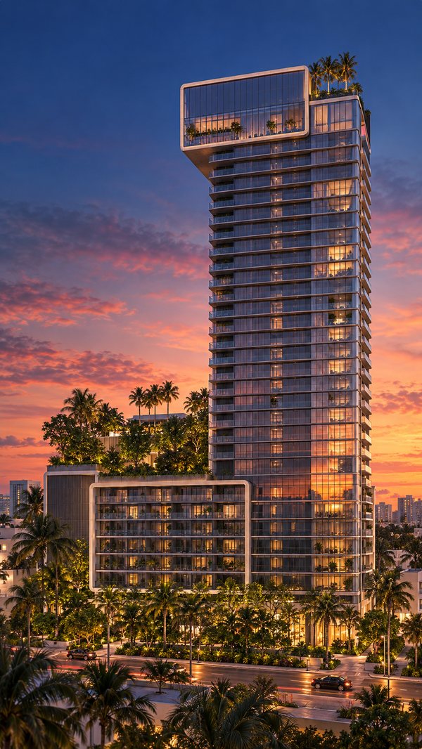 Concept illustration of a 28-story glass residential tower with rooftop palms at sunset