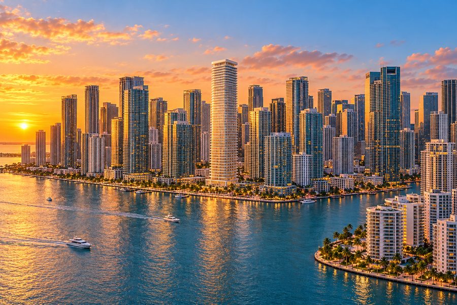 Concept illustration of a white tapered office tower on the Brickell waterfront
