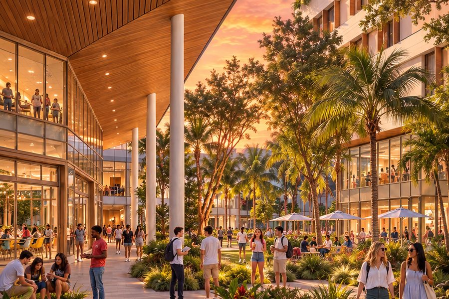 Concept illustration of a palm-lined campus courtyard with students at sunset