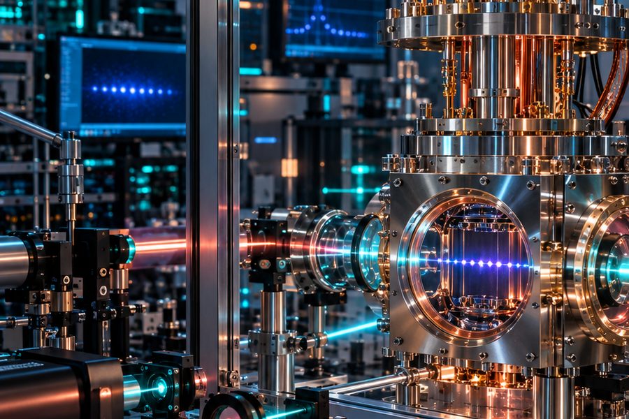 Concept illustration of a trapped-ion quantum computer with glowing laser optics