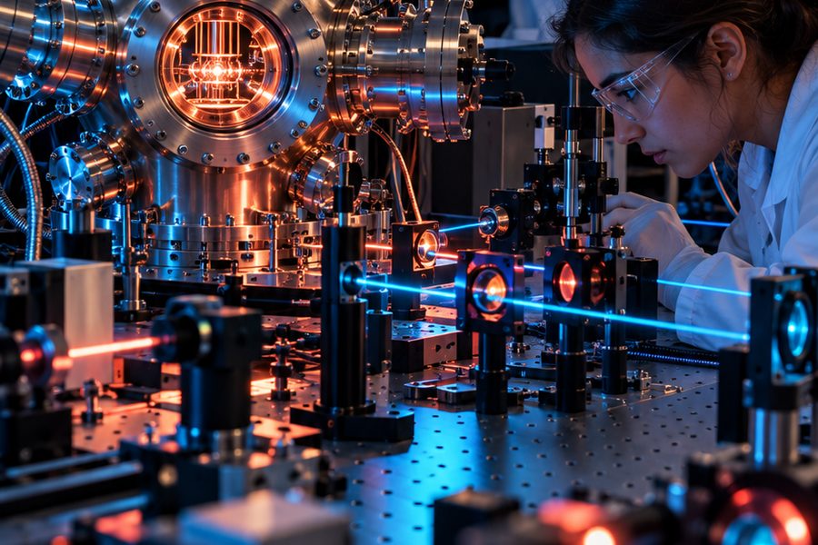 Concept illustration of a researcher working beside a trapped-ion quantum computer with laser optics