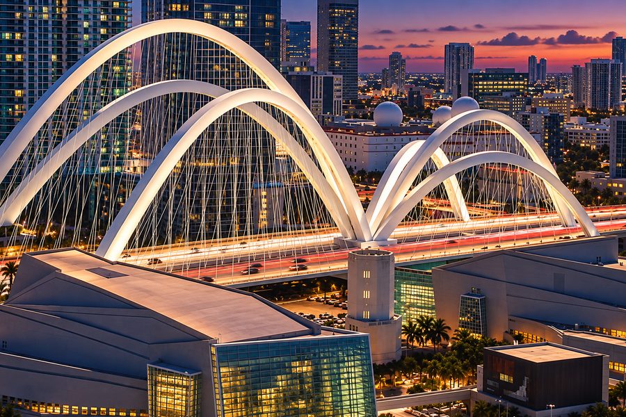 Concept illustration of white arches rising over a downtown Miami highway at dusk