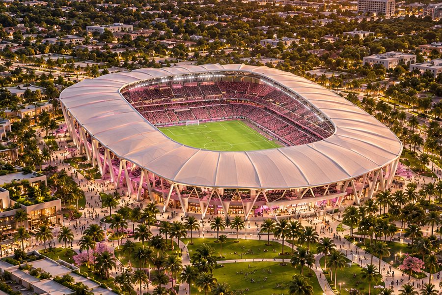 Concept illustration of a stadium surrounded by a green park at sunset