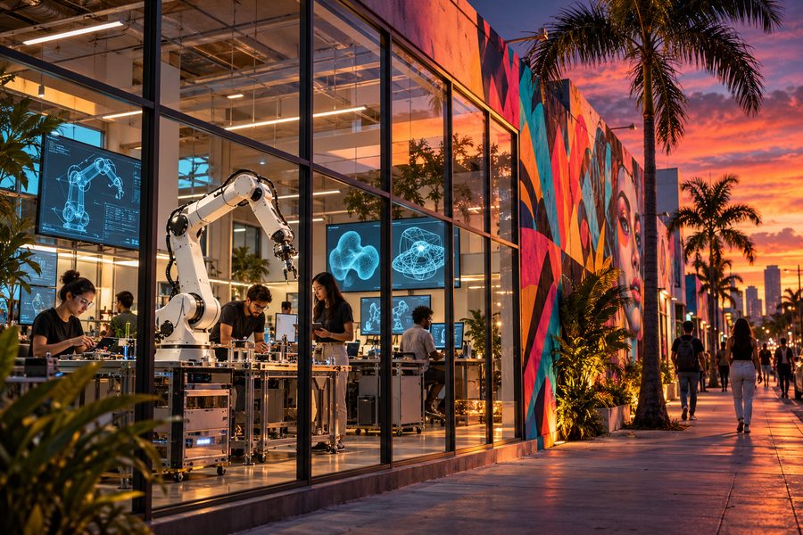 Concept illustration of researchers and a robotic arm in a glass lab beside Wynwood street-art murals at sunset